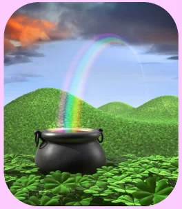 4 leaf clover and crock of gold at the end of a rainbow
